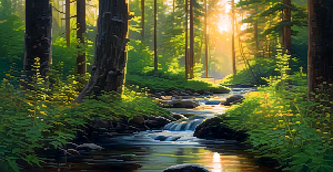 A tranquil forest with sunlight streaming through trees and a gentle stream reflecting the sunset.