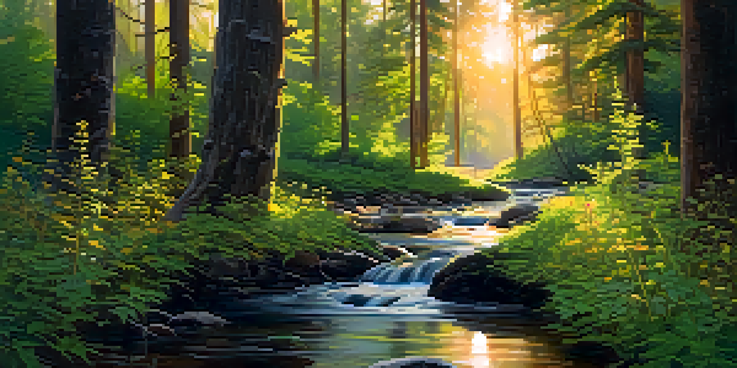 A tranquil forest with sunlight streaming through trees and a gentle stream reflecting the sunset.