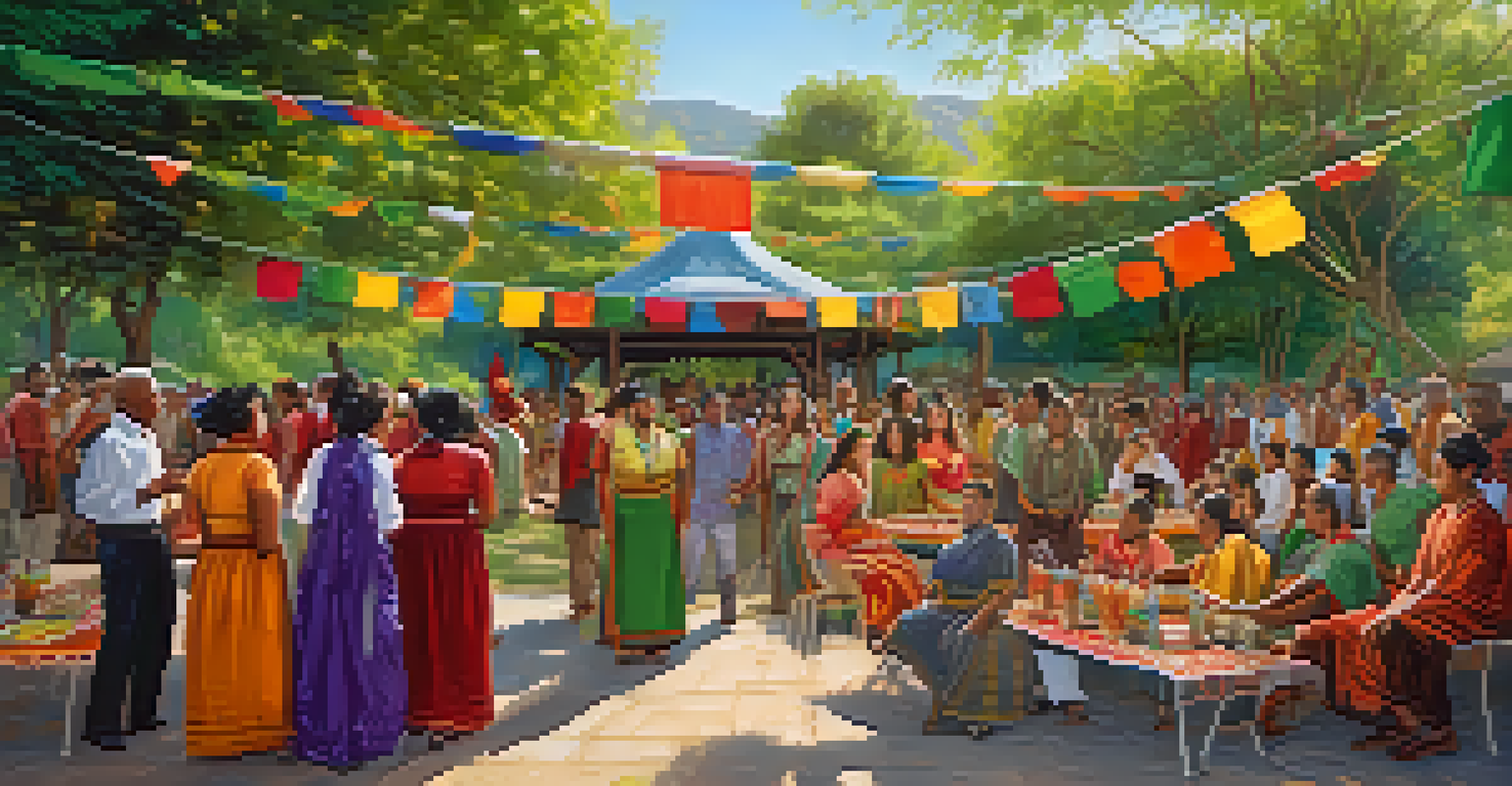 A lively community gathering outdoors with people celebrating diverse cultures, surrounded by greenery and colorful decorations.