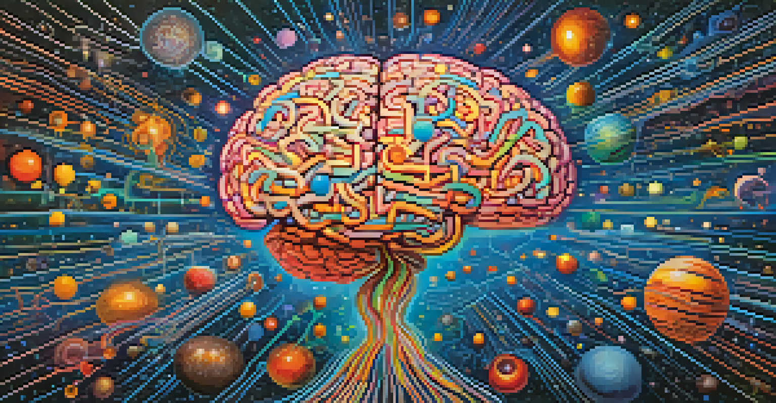An abstract image of a colorful human brain with patterns, set against a background of galaxies and connections.