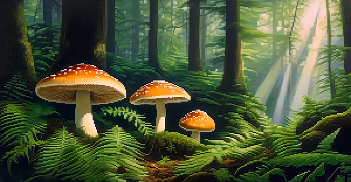 A tranquil forest landscape featuring psilocybin mushrooms surrounded by vibrant green ferns and moss, illuminated by gentle sunlight filtering through the trees.