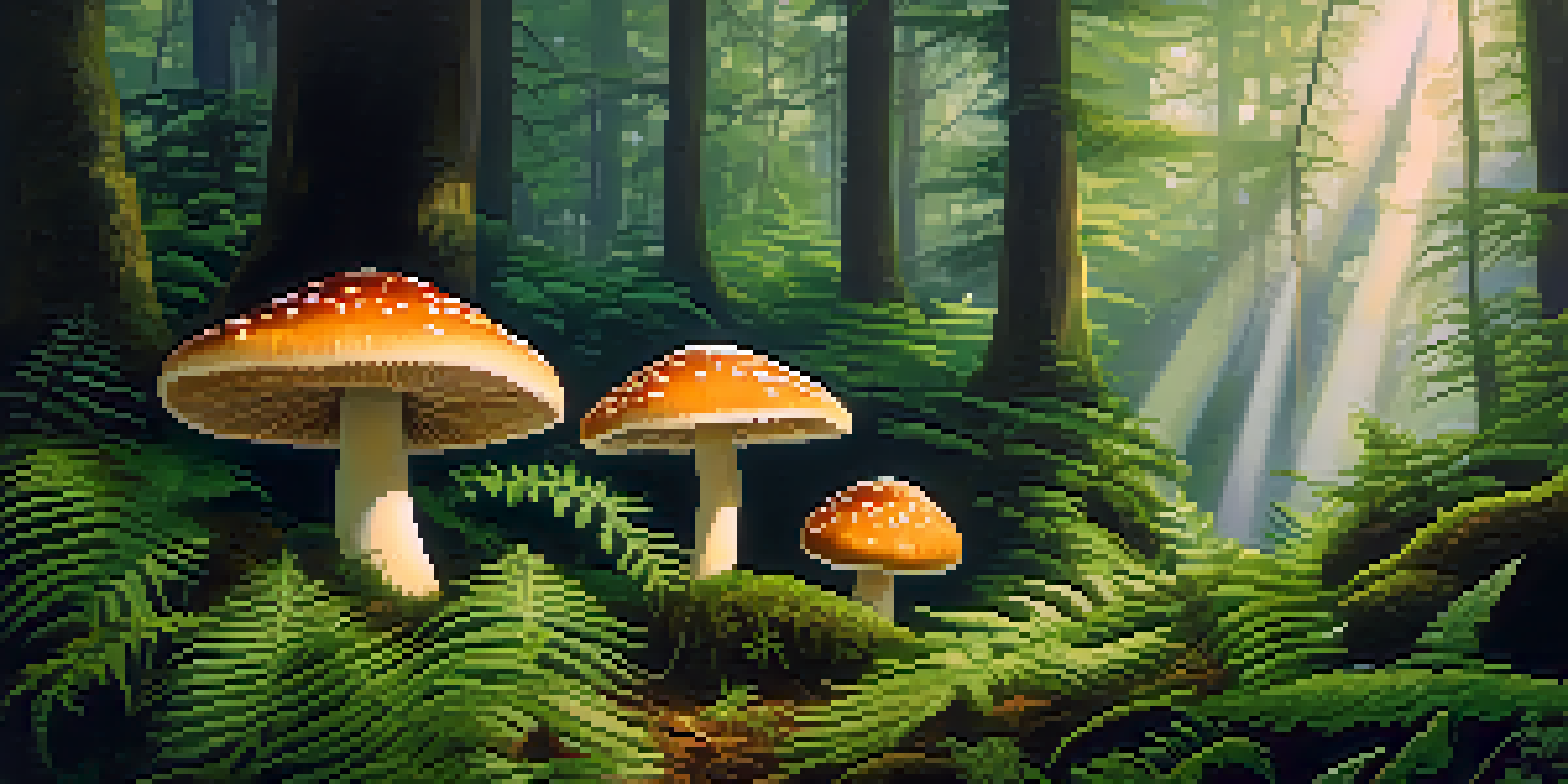 A tranquil forest landscape featuring psilocybin mushrooms surrounded by vibrant green ferns and moss, illuminated by gentle sunlight filtering through the trees.