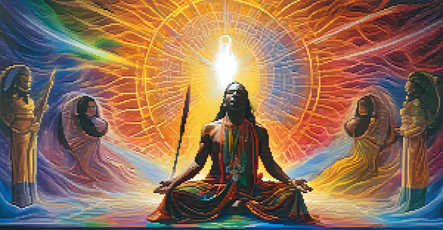 An artistic depiction of a figure experiencing spiritual transformation surrounded by light and nature, symbolizing connection with ancestors.