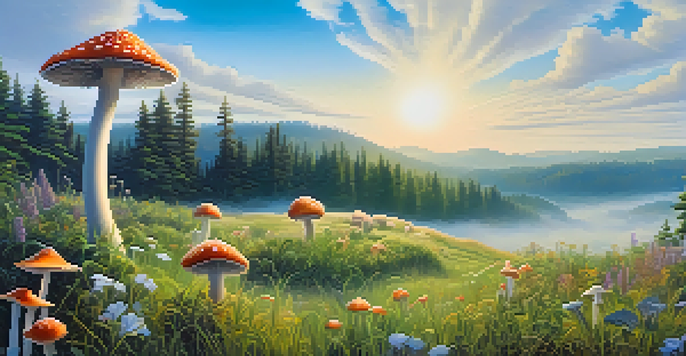 A tranquil field filled with psilocybin mushrooms, bathed in soft morning light with a misty forest in the background.