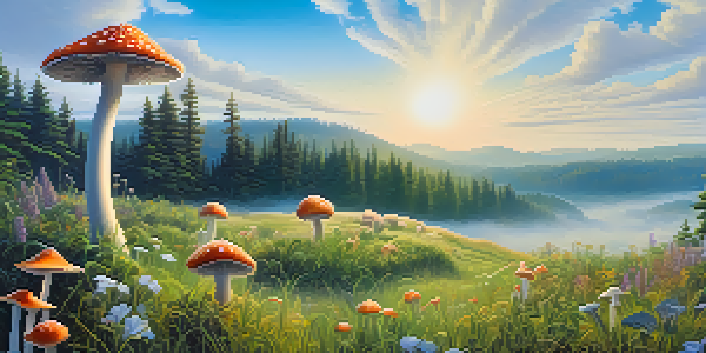 A tranquil field filled with psilocybin mushrooms, bathed in soft morning light with a misty forest in the background.