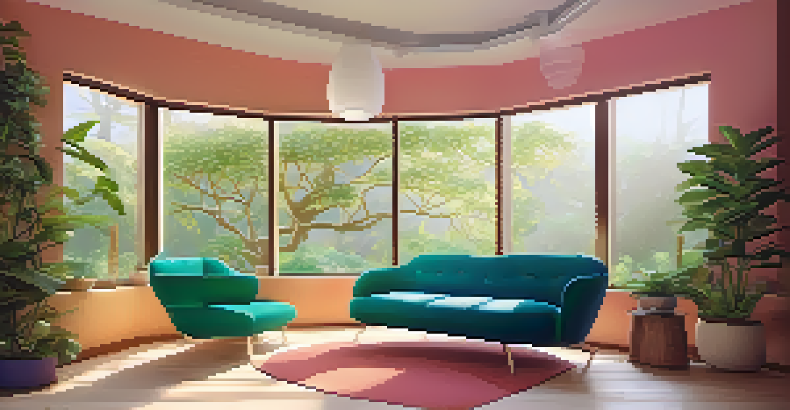 A calming therapy room for psychedelic sessions with a couch, soft lighting, and a view of a lush garden.