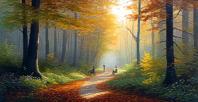 A peaceful forest scene with sunlight filtering through trees, showing diverse individuals in a circle for a ritual.