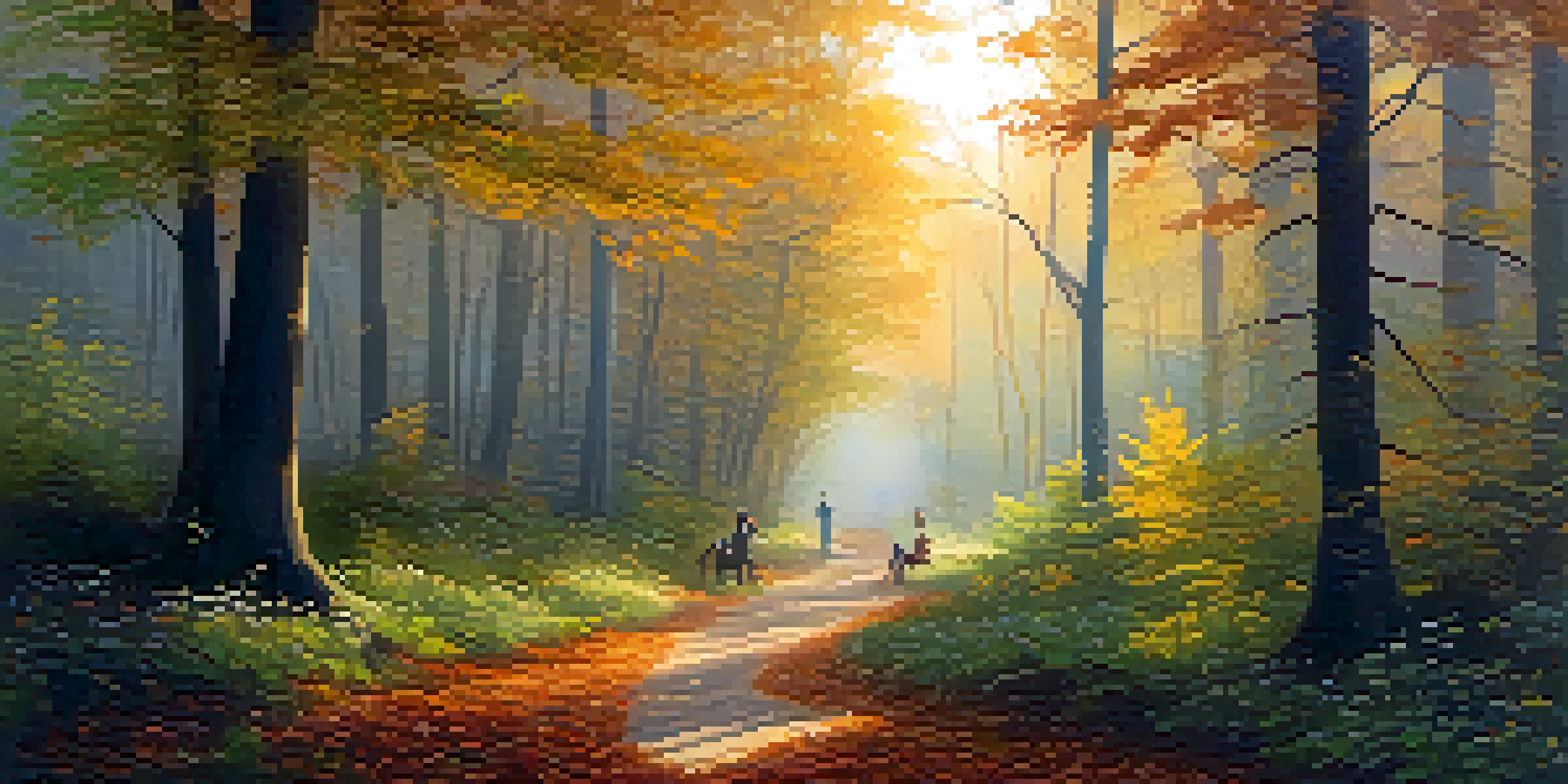 A peaceful forest scene with sunlight filtering through trees, showing diverse individuals in a circle for a ritual.
