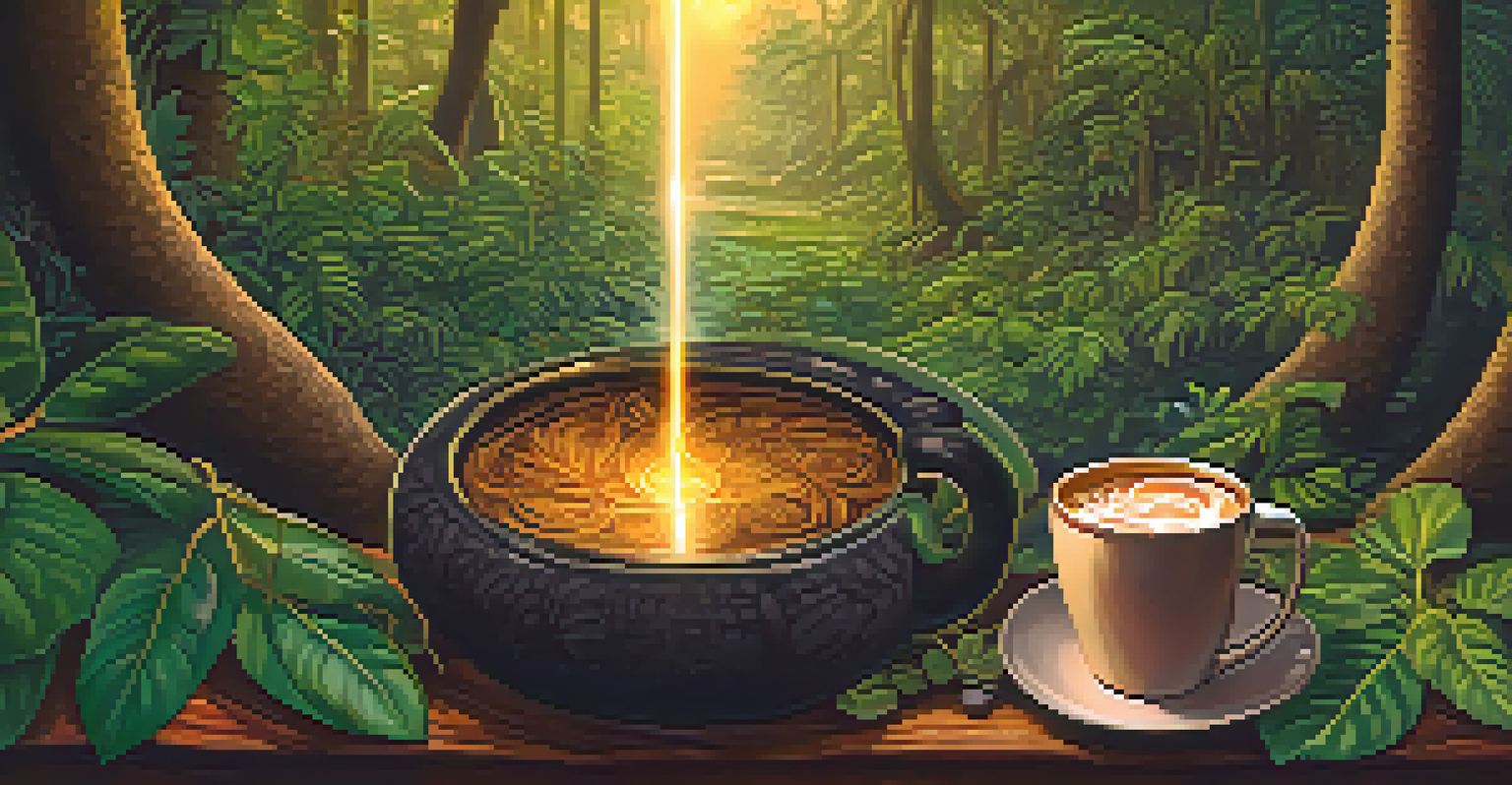 An artistic depiction of Ayahuasca brew with plants and a ceramic cup in golden light.