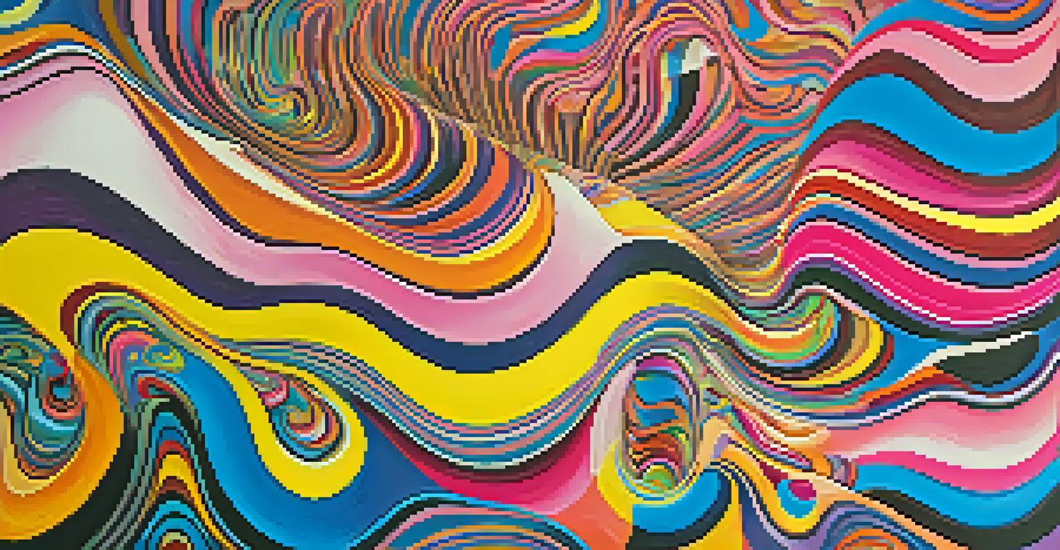 An abstract image depicting vibrant sound waves intertwined with colorful psychedelic patterns, symbolizing the experience of music enhanced by entheogens.