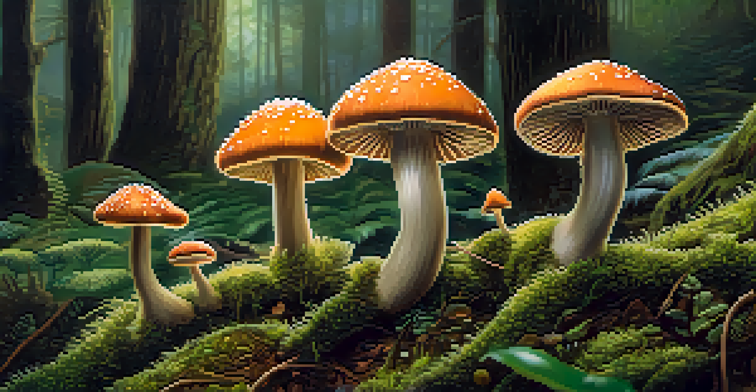 A close-up of psilocybin mushrooms in a forest, showcasing their caps and gills with a soft focus on the surrounding moss and dew.