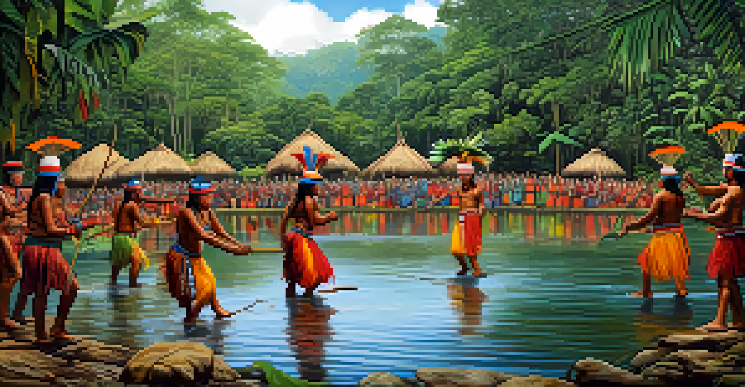 An indigenous ceremony in the Amazon rainforest, featuring participants in colorful attire dancing, with drums and lush greenery around them.