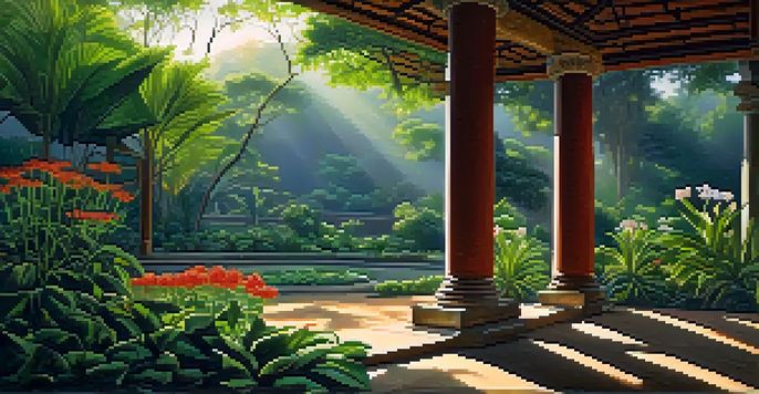A peaceful view of the African iboga plant surrounded by greenery and colorful flowers, with soft sunlight casting shadows.