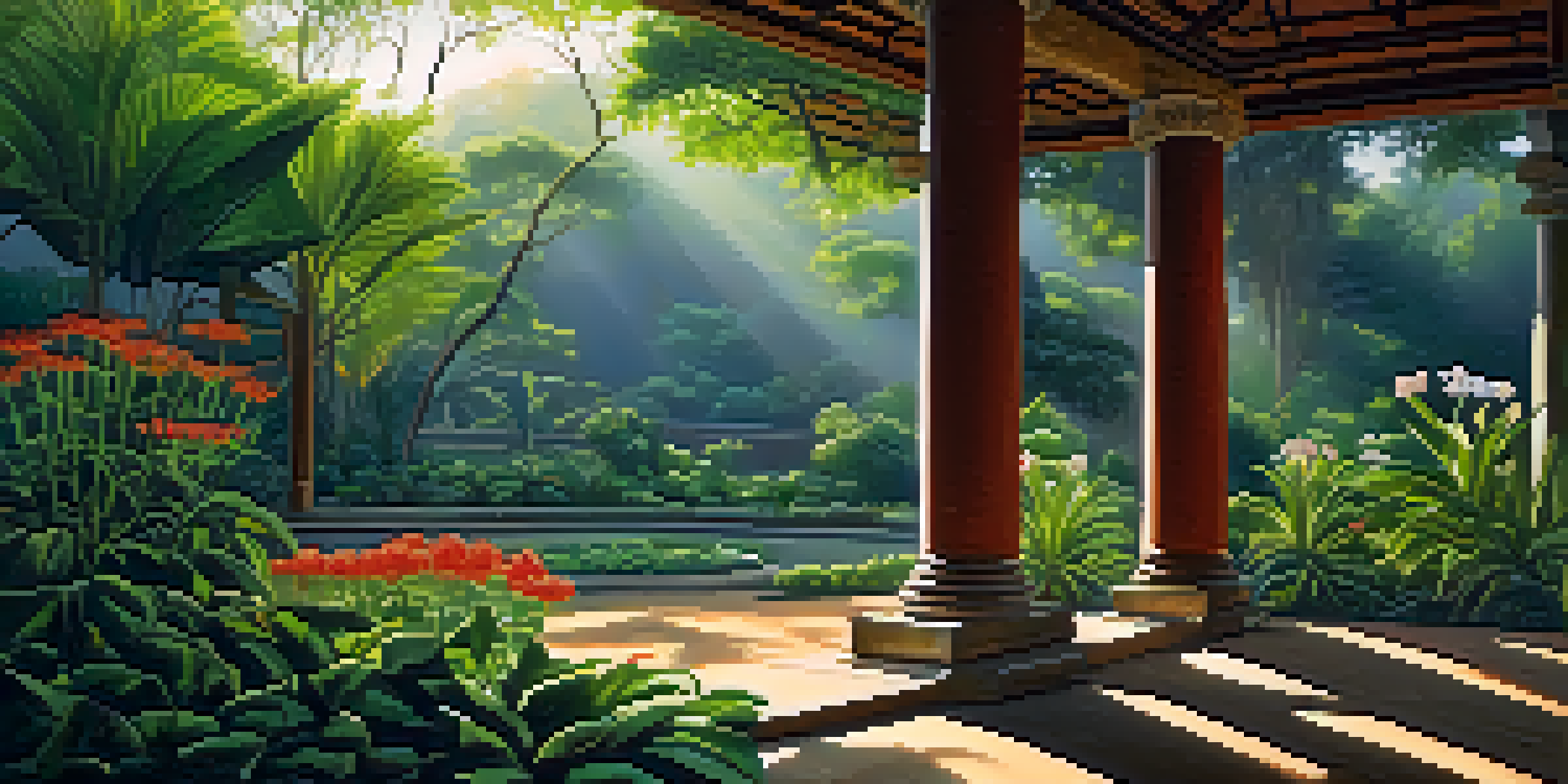 A peaceful view of the African iboga plant surrounded by greenery and colorful flowers, with soft sunlight casting shadows.