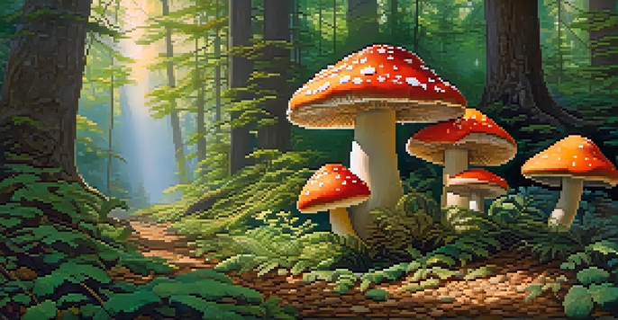 A peaceful forest scene with colorful mushrooms and sunlight filtering through the trees.