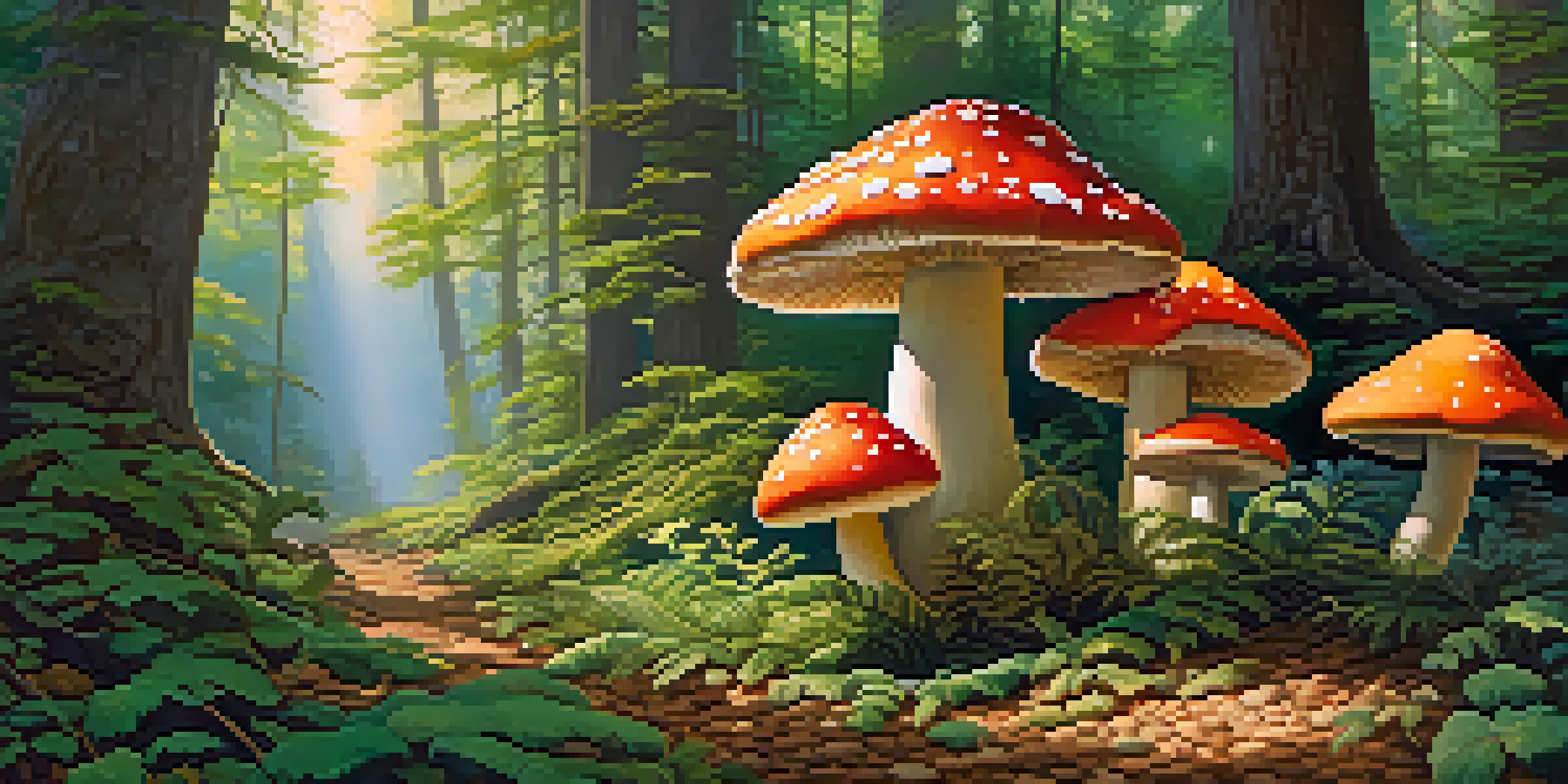 A peaceful forest scene with colorful mushrooms and sunlight filtering through the trees.