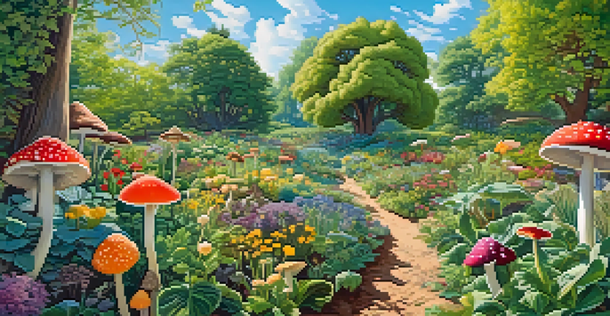 A lively spring garden showcasing diverse entheogenic plants with sunlight filtering through the leaves and a blue sky in the background.