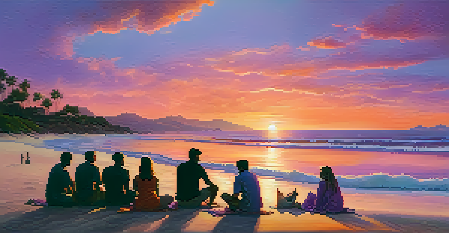 A sunset beach scene with diverse people sitting in a circle on the sand, sharing a moment of connection under a colorful sky.