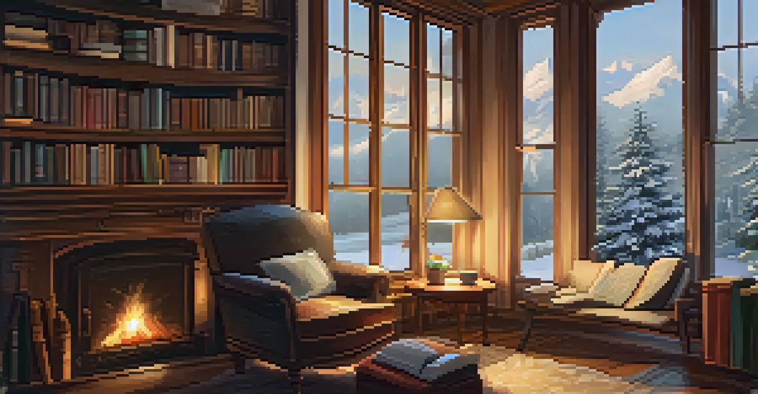A cozy study with bookshelves, an armchair by a fireplace, a table with a cup of tea and notepad, and a snowy landscape outside.