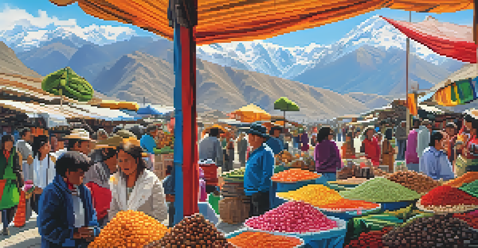 A lively market scene in Peru with colorful stalls, tourists, and locals, set against the backdrop of the Andes mountains.