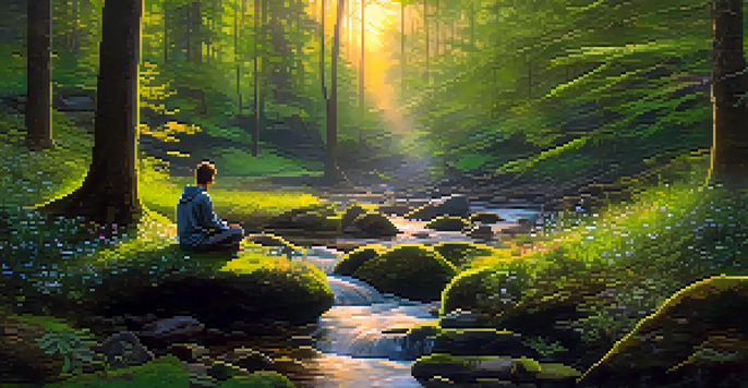A peaceful forest at dawn with sunlight shining through trees, a stream, and a person meditating on a rock.