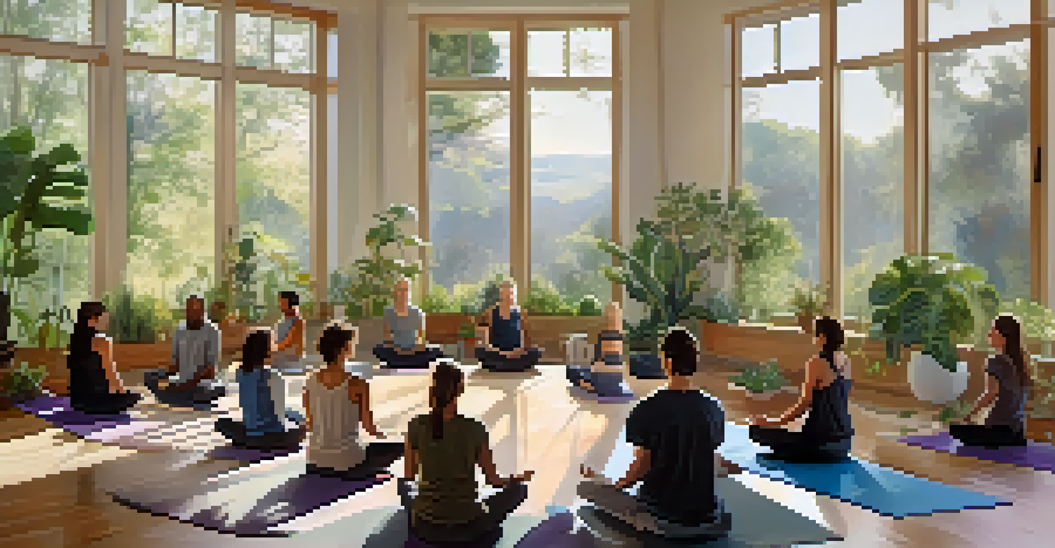 A workshop setting with participants in a circle on yoga mats, filled with natural light.