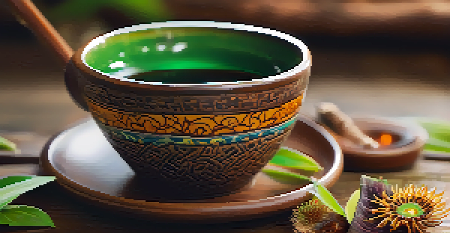 A close-up of ayahuasca brew in a ceramic cup, surrounded by leaves and a candle, evoking a serene atmosphere.