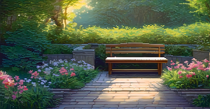 A tranquil garden at sunrise with a stone path and a journal on a bench, surrounded by colorful flowers.