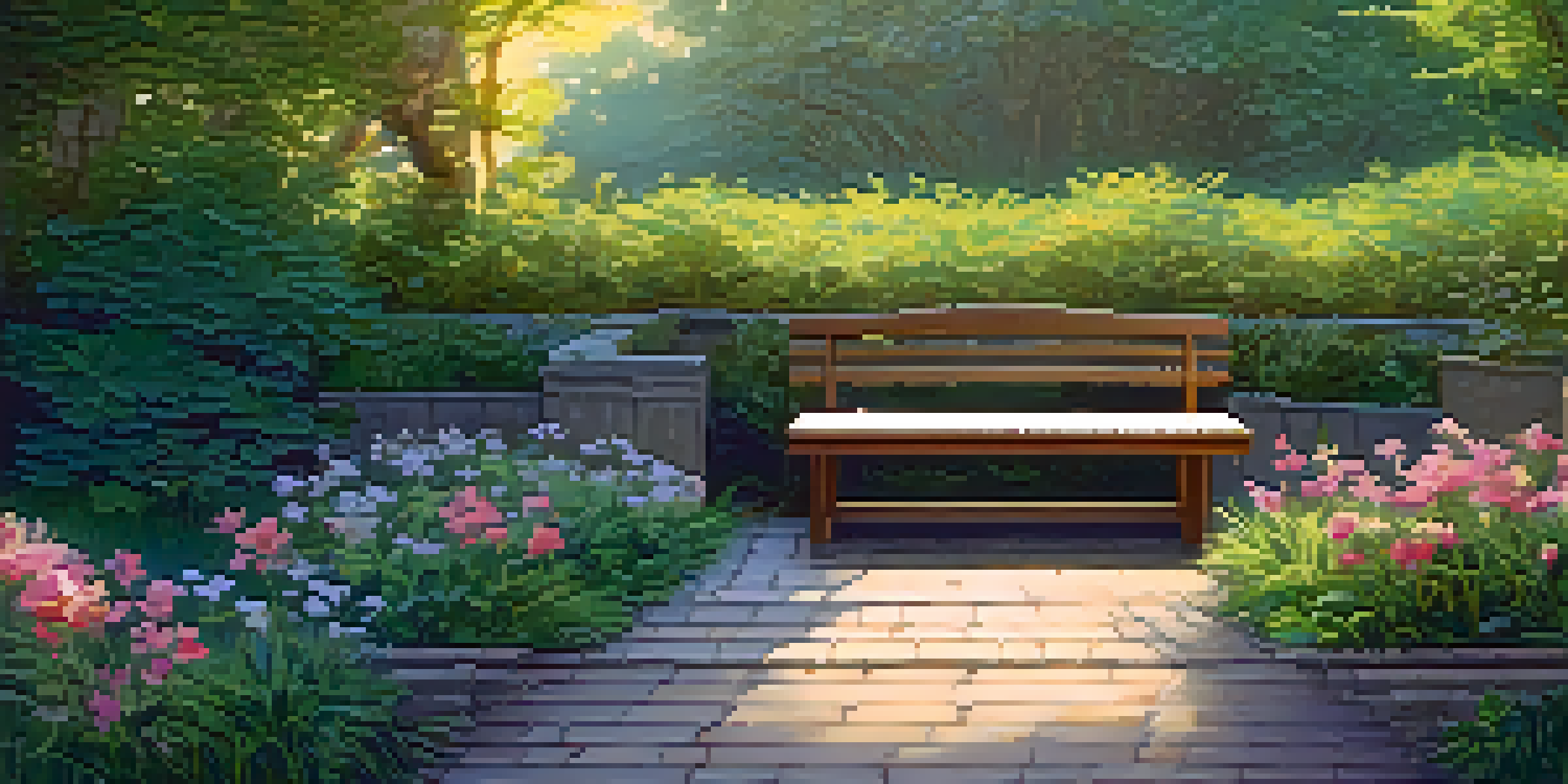 A tranquil garden at sunrise with a stone path and a journal on a bench, surrounded by colorful flowers.