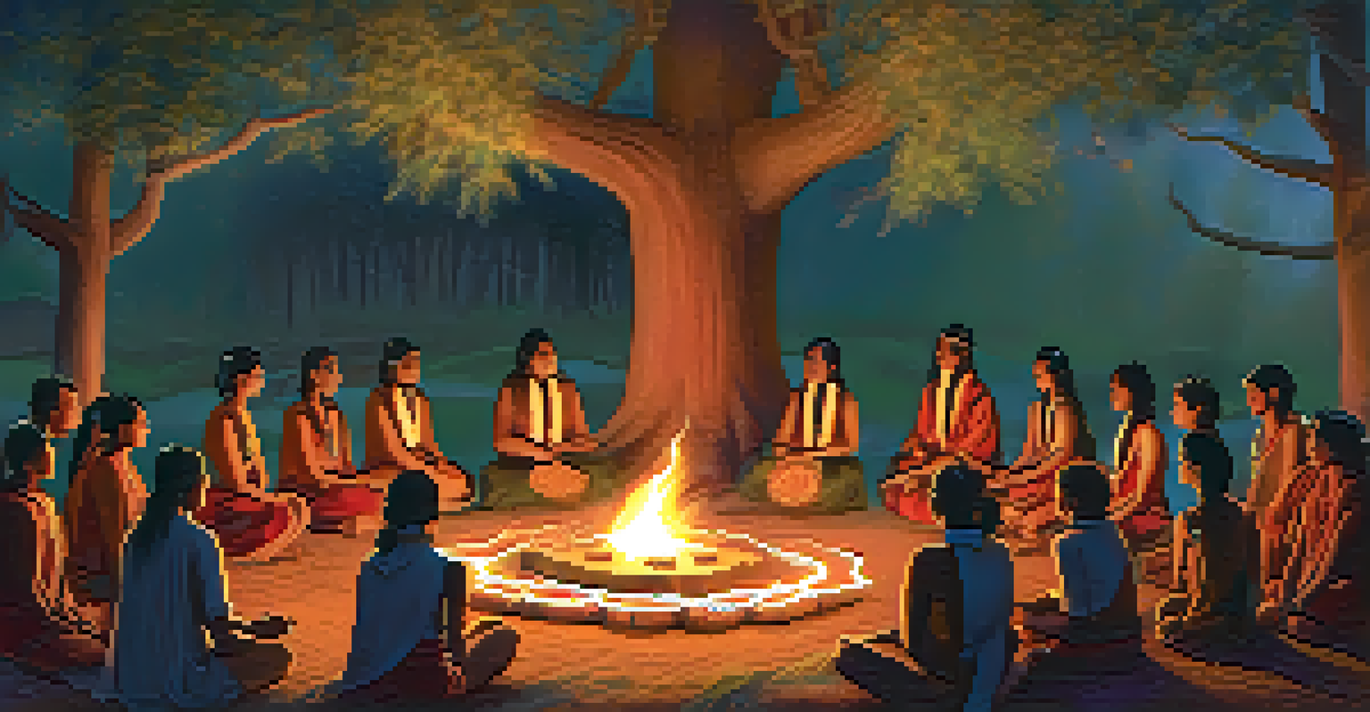 An indigenous ceremony around a fire with traditional attire and ancient trees, creating a sacred atmosphere of connection and reverence.