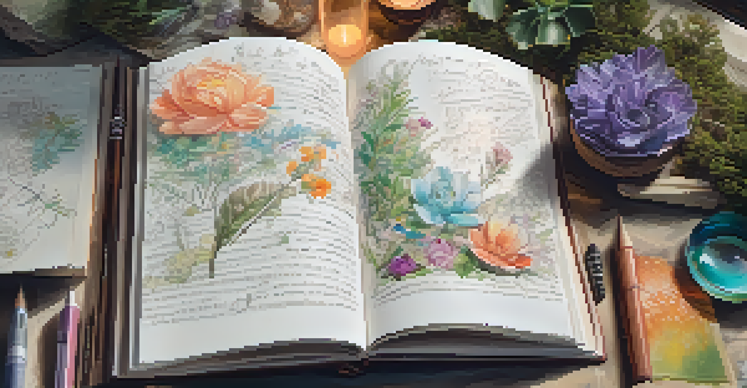 A close-up of an open journal with colorful sketches and notes surrounded by crystals, leaves, and flowers, symbolizing creativity and reflection.