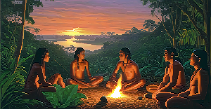 A group of indigenous people in the Amazon rainforest gathered around a fire, preparing ayahuasca in clay pots, surrounded by lush greenery and twilight colors.