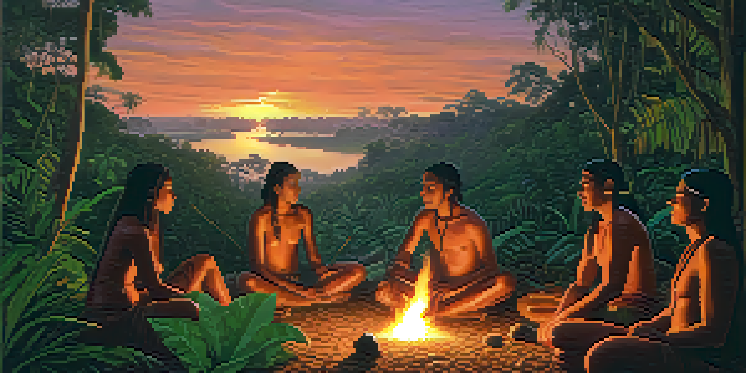 A group of indigenous people in the Amazon rainforest gathered around a fire, preparing ayahuasca in clay pots, surrounded by lush greenery and twilight colors.
