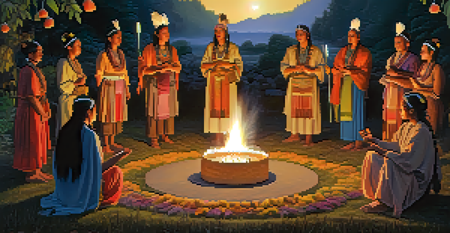 Indigenous people in traditional attire participating in a spiritual ceremony surrounded by plants and candlelight.