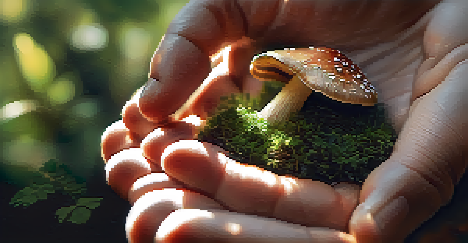 A close-up of hands holding a vibrant mushroom with blurred greenery and dappled sunlight in the background.