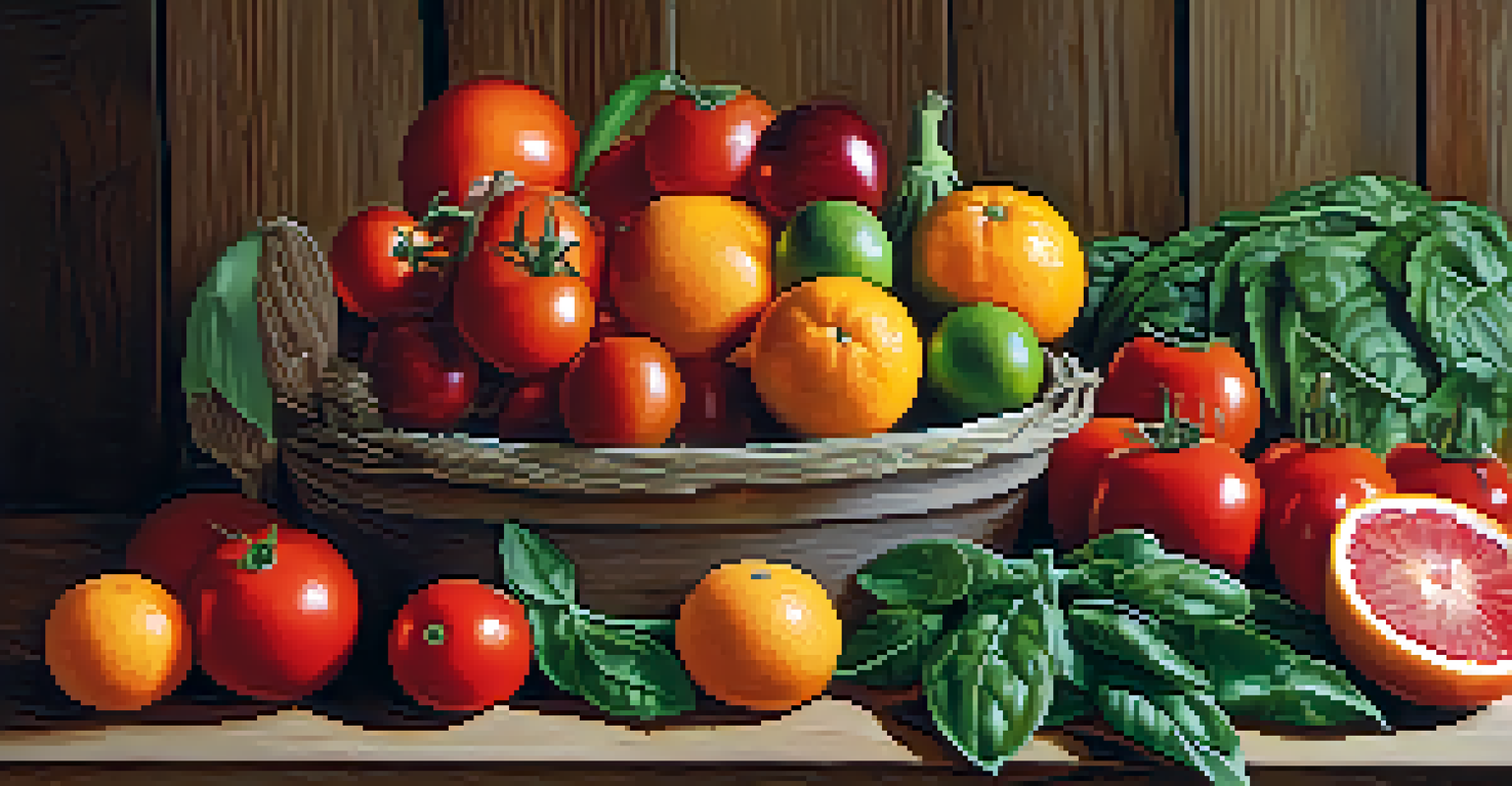 A rustic table with a colorful arrangement of fruits and vegetables under soft natural light.