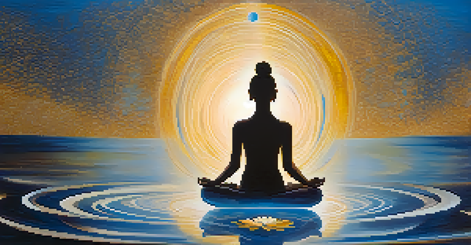 A silhouette of a person meditating, surrounded by swirling colors symbolizing interconnectedness.