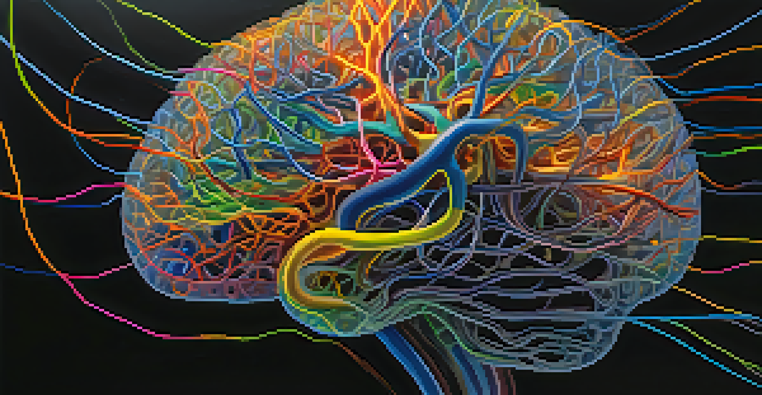 An abstract image of a brain with colorful neural pathways illuminated against a dark background.