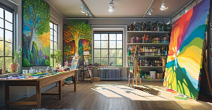 A bright art studio with colorful canvases and an artist painting a vibrant mural inspired by nature.