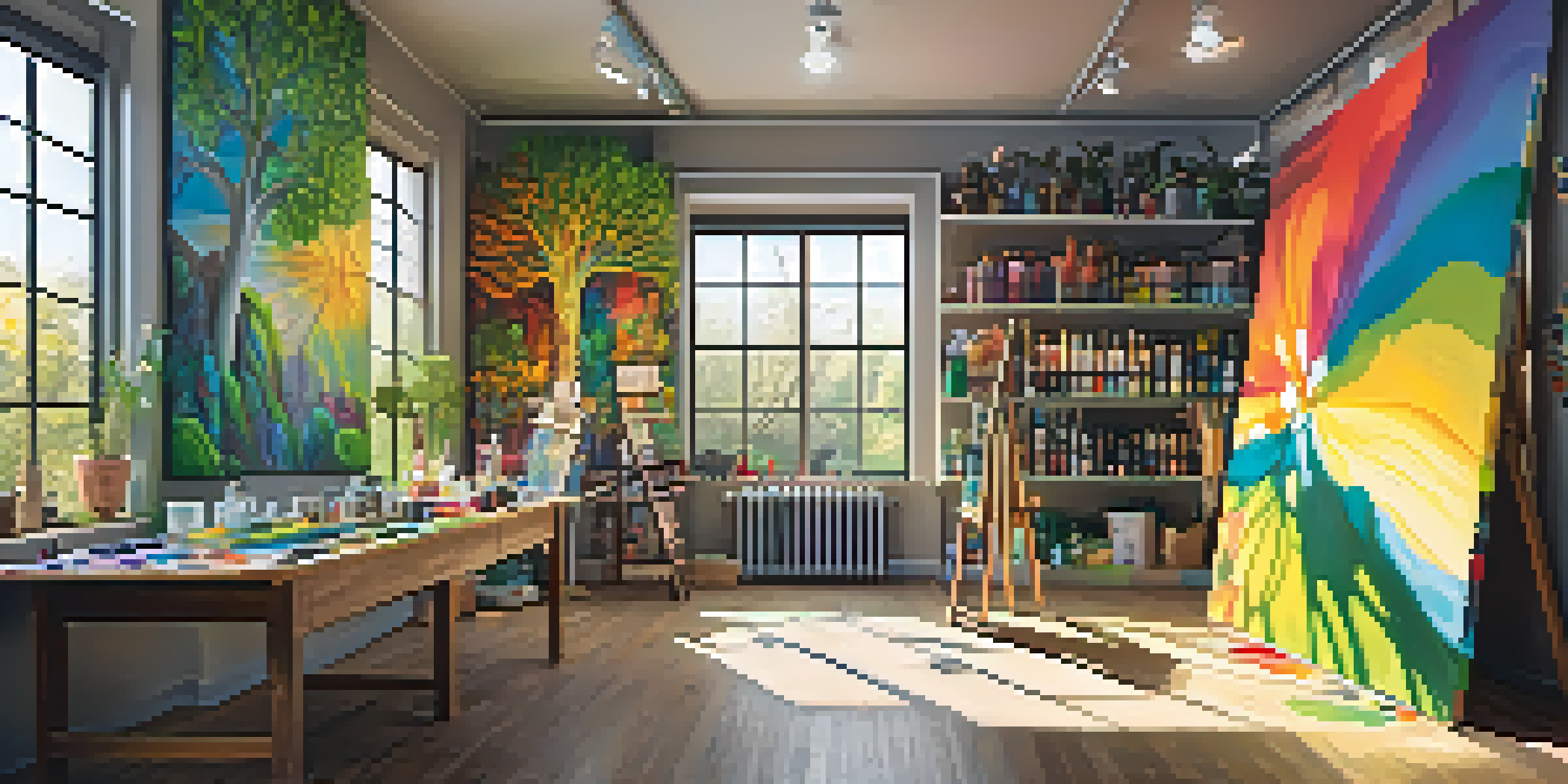 A bright art studio with colorful canvases and an artist painting a vibrant mural inspired by nature.