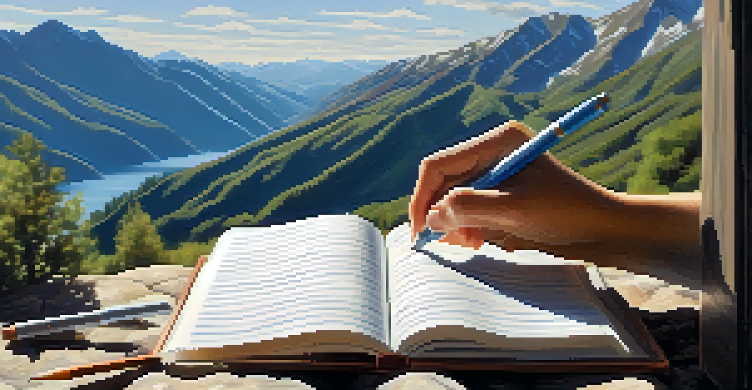 A person journaling outdoors with mountains in the background, under soft sunlight.