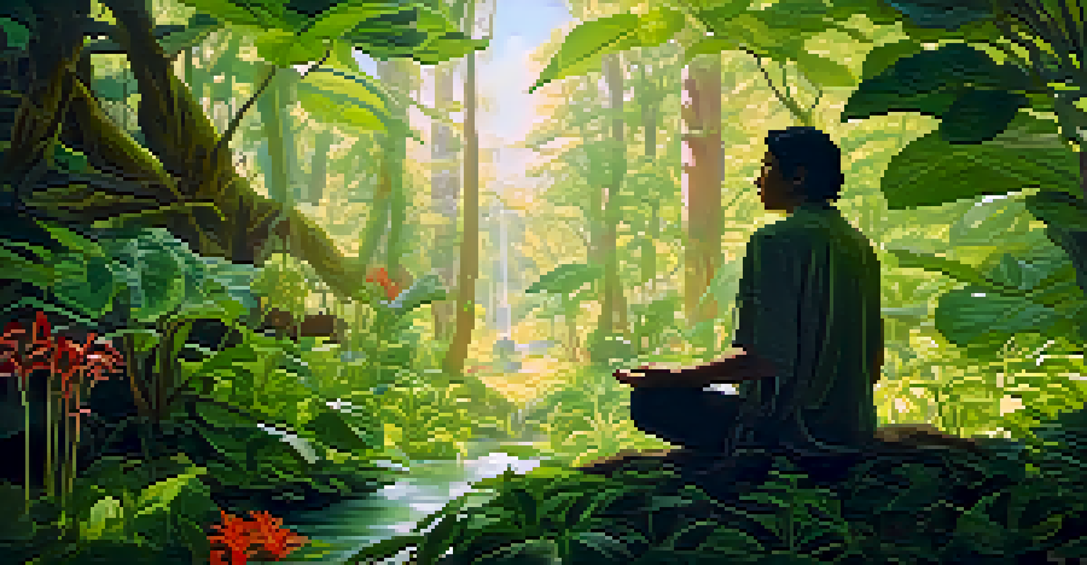 A vibrant green landscape with psychoactive plants and a meditating figure, symbolizing a connection with nature and spirituality.