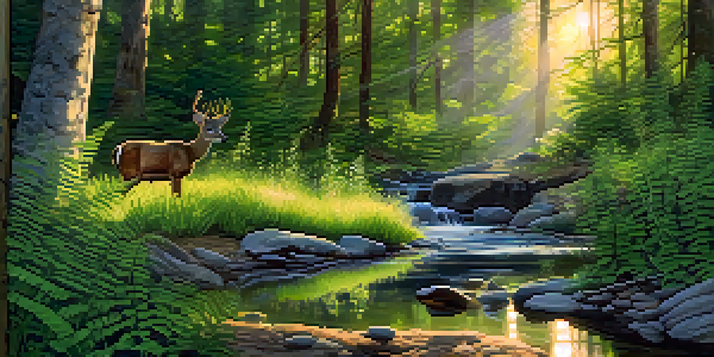 A peaceful forest at dawn with sunlight filtering through trees, a stream flowing, and deer drinking water.