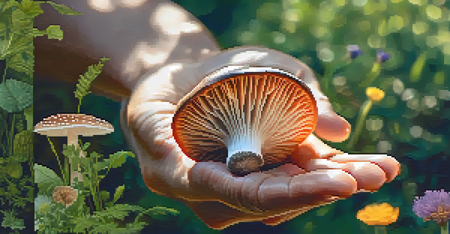 A close-up of a hand holding a magic mushroom in a lush green setting with wildflowers.