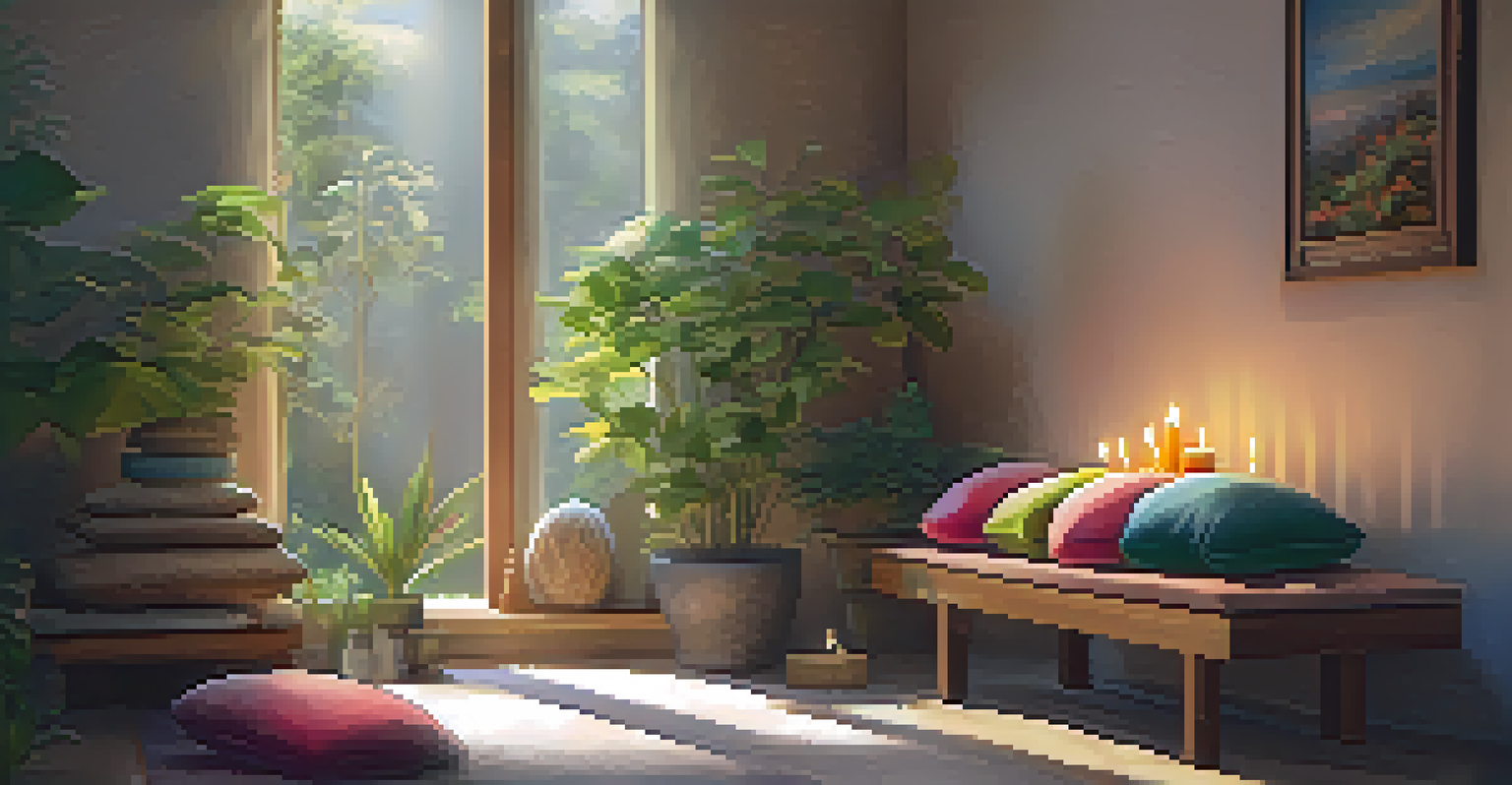 A tranquil meditation space with colorful cushions and an altar.