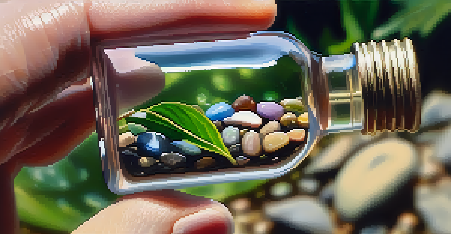 A hand holding a colorful glass vial against a natural backdrop, symbolizing exploration in healing.