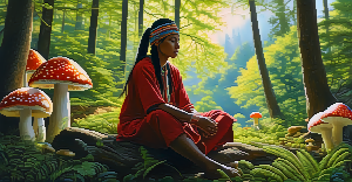 A peaceful indigenous person in traditional clothing surrounded by colorful mushrooms in a lush forest, with sunlight filtering through the trees.