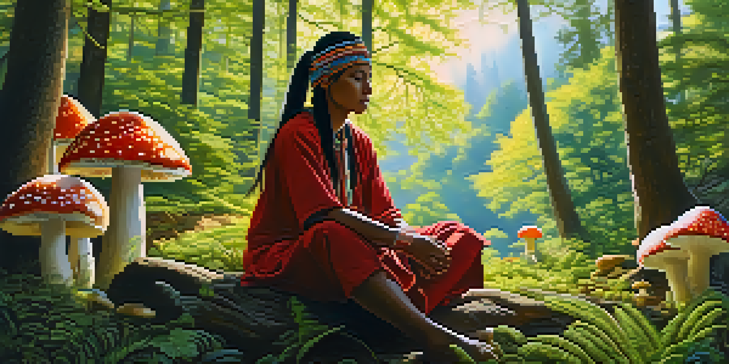 A peaceful indigenous person in traditional clothing surrounded by colorful mushrooms in a lush forest, with sunlight filtering through the trees.
