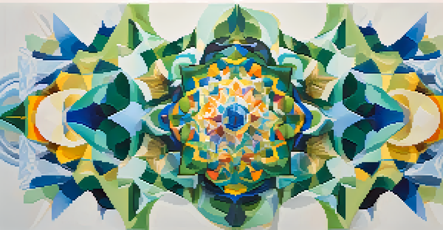 An abstract kaleidoscope of colorful shapes and patterns representing self-discovery against a gradient background.
