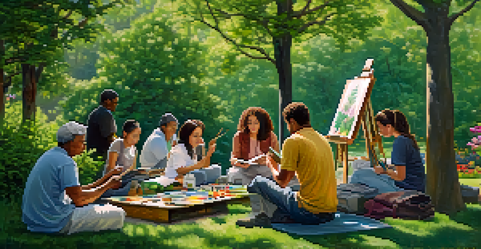 A group of diverse people painting together in a beautiful outdoor setting, surrounded by nature and colorful flowers.